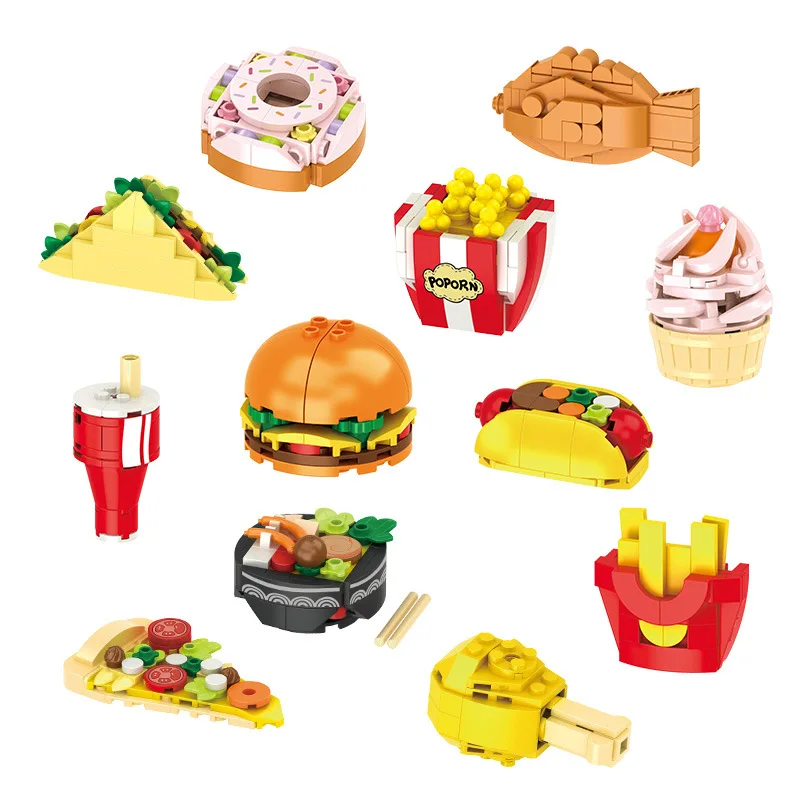 Idea Delicious Food Block Ramen Taiyaki BuildING Brick Ice-Cream HotDog Cola Sandwich Donut Pizza Hamburger Toys For Gifts