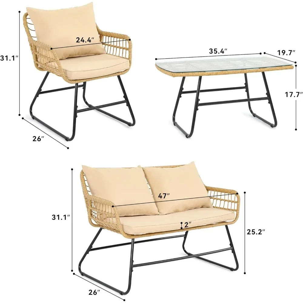 4-Piece Patio Furniture Wicker Outdoor Bistro Set, All-Weather Rattan Conversation Loveseat Chairs (Light Brown+Beige)