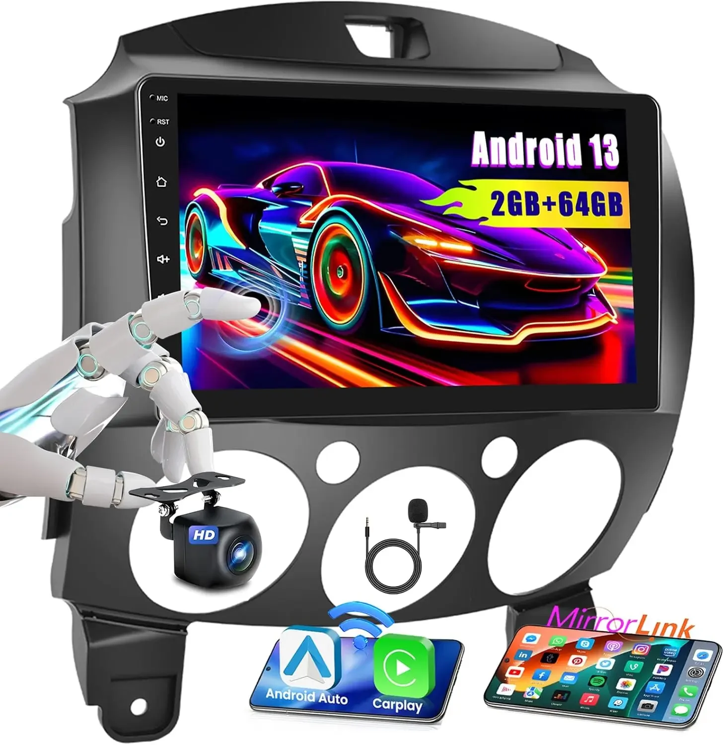 

Android 13 Car Stereo for 2007-2014 Mazda 2 Radio with Wireless CarPlay Android Auto 9" Touch Screen with CPS/AHD Backup Camera