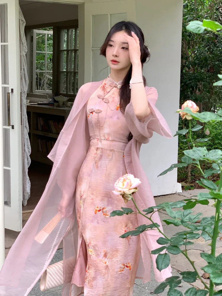 Print French Vintage Two Piece Set Women Elegant Sweet Party Long Dress Suit Female Causal Cardigan + Korean Fashion Dress 2023