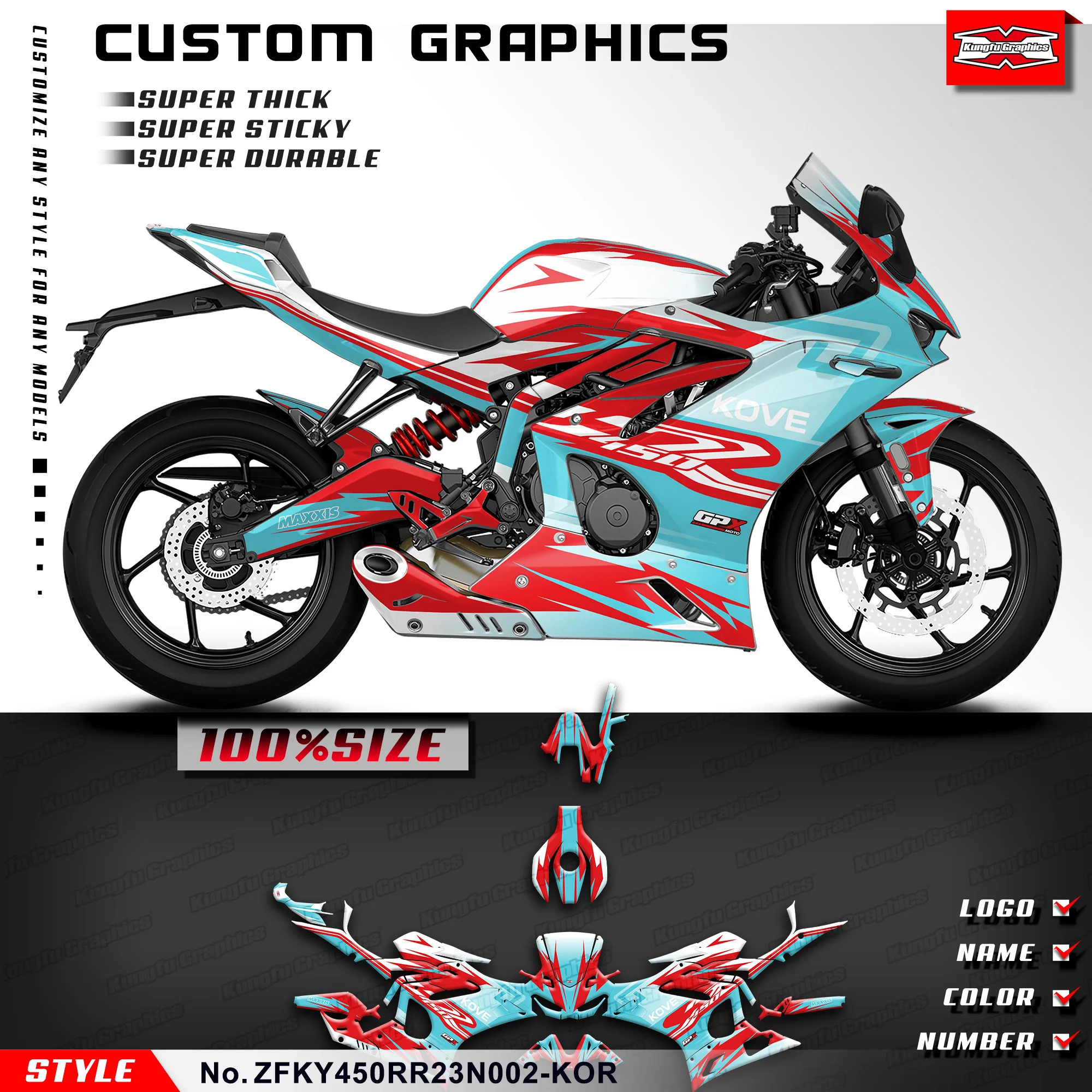 

KUNGFU GRAPHICS Vinyl Stickers Complete Wrap Decal Kit for KOVE 450RR 2023 2024, ZFKY450RR23N002-KOR