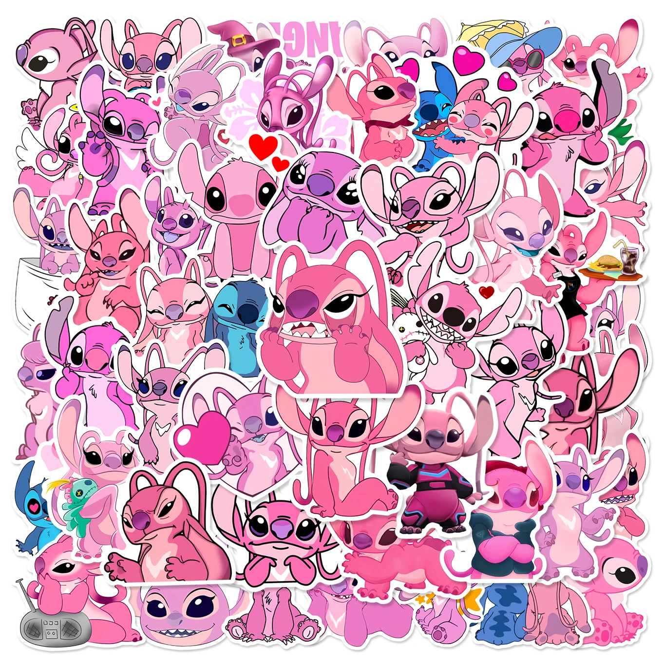 50pcs Kawaii Disney Lilo Stitch Angel Stickers Cute Pink Anime Character Sticker DIY Phone Diary Luggage Graffiti Decals