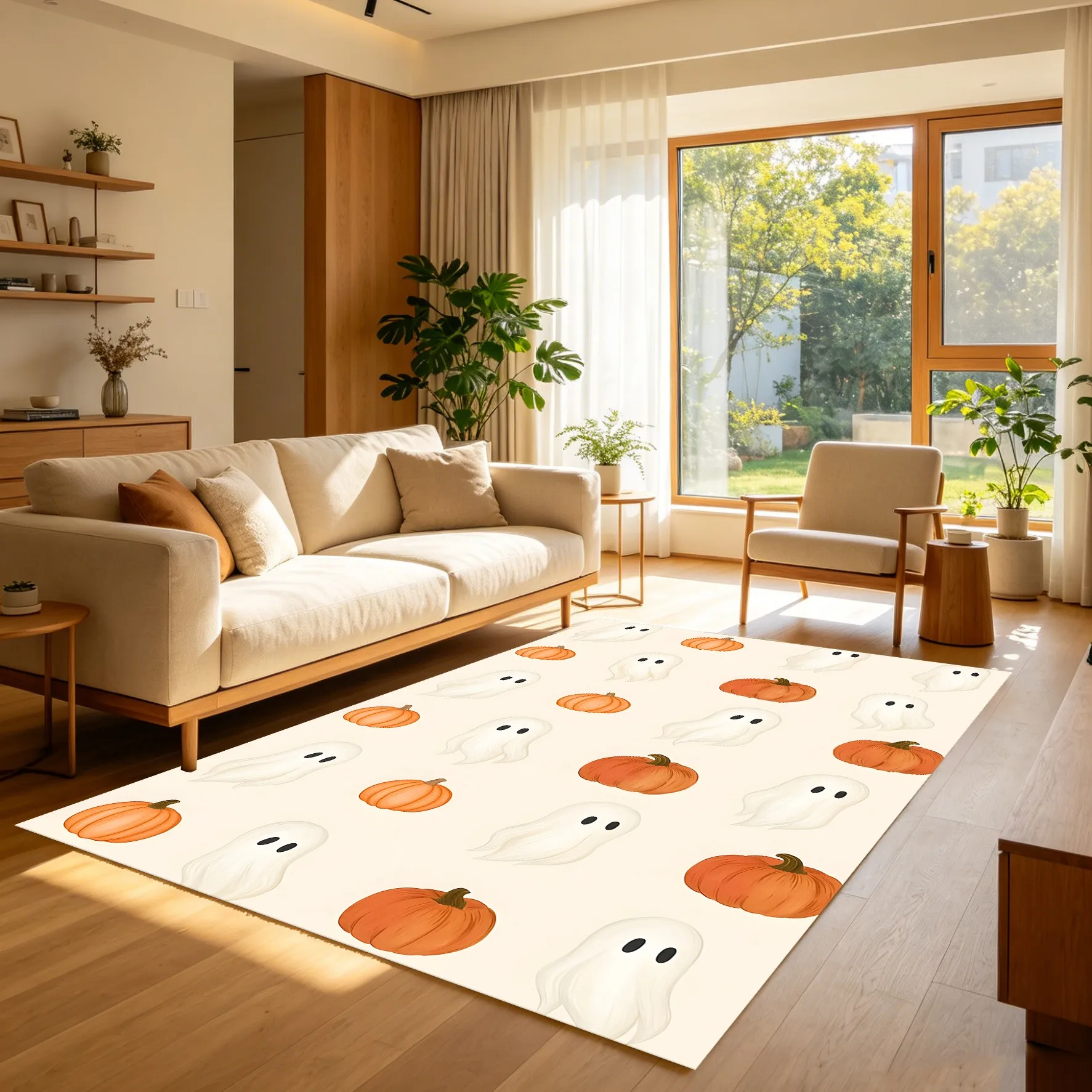 Velvet Pumpkin and Maple Leaf Cute 2D Rug for Living Room and Bedroom, Autumn/Winter Warm Cozy