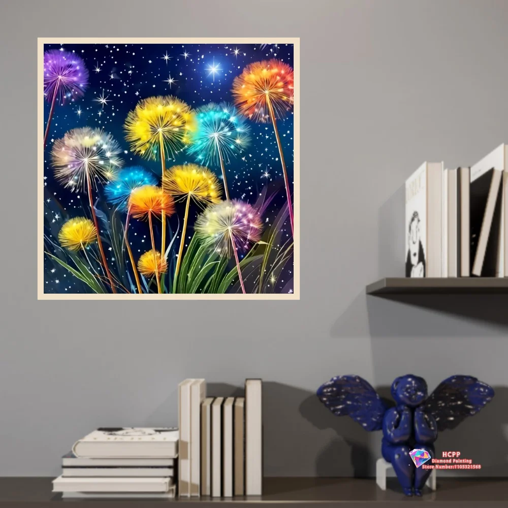 Colorful Dandelions Under Starry Sky 5D DIY Diamond Painting Set with Square and Round Diamonds Handmade Crafts Home Decor Gifts