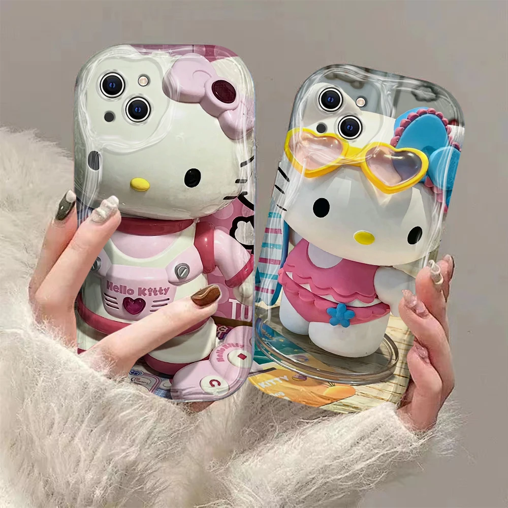 Cartoon Sanrio Hello Kitty 3D Wave Case For iPhone 15 14 13 12 11 Pro Max Mini X XR XSMAX 8 7 6S Plus Soft Silicone Cover