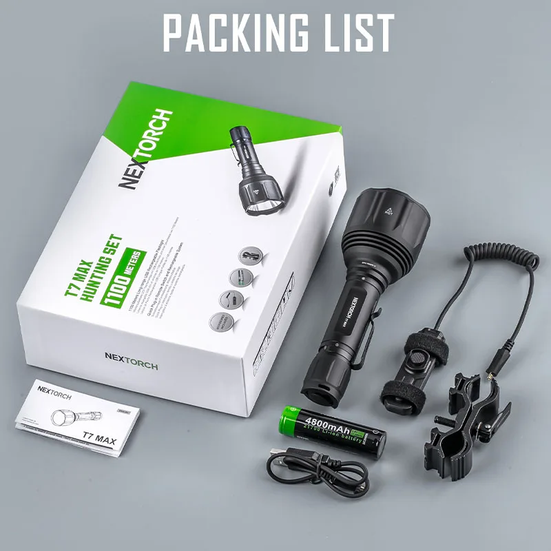Nextorch T7 MAX 1100m Long Range Tactical Flashlight, 1200 Lumens, 21700 Battery, with Remote Switch & Scope Mount for Hunting