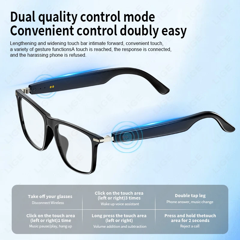 

LIGE Smart Glasses Sunglasses Bluetooth Call Outdoor Sport Headphones Blue Light Waterproof Anti-UV Eyeglasses For Men Women New