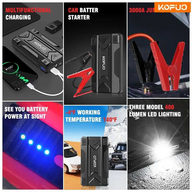 باور بانك قوي للغاية 2000A للسيارة لجميع المركبات 12 فولت، معزز بطارية الطوارئ الآمن للغاية