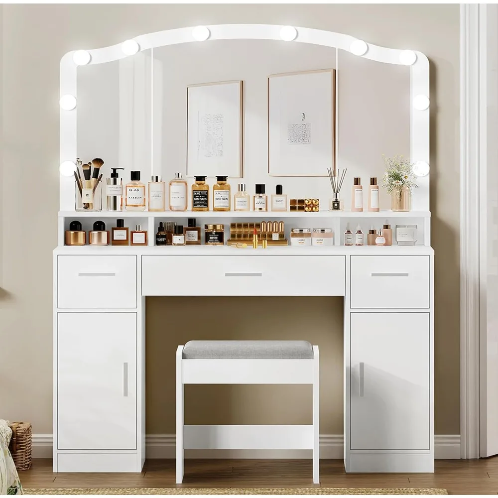 Usikey Makeup Vanity with Lights, Vanity Desk, Makeup Vanity Table with 3 Drawers, 2 Cabinets & Long Storage Shelf, 10 Led Light