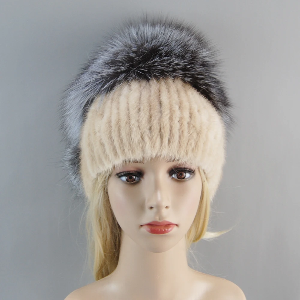 New Luxury Womens Winter Knitted 100% Real Sable Fur hat Fur Beanie Russian Mink Fur Cap With Fox Fur Pom Poms Female Warm Thick