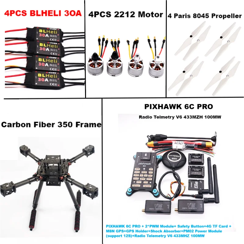 RctoSky Carbon Fiber 350 PIXHAWK 6C PRO M8N KitFlight Control Ardupilot Radio Telemetry Quadcopter BLHELI 30A 2212 Motor ESC