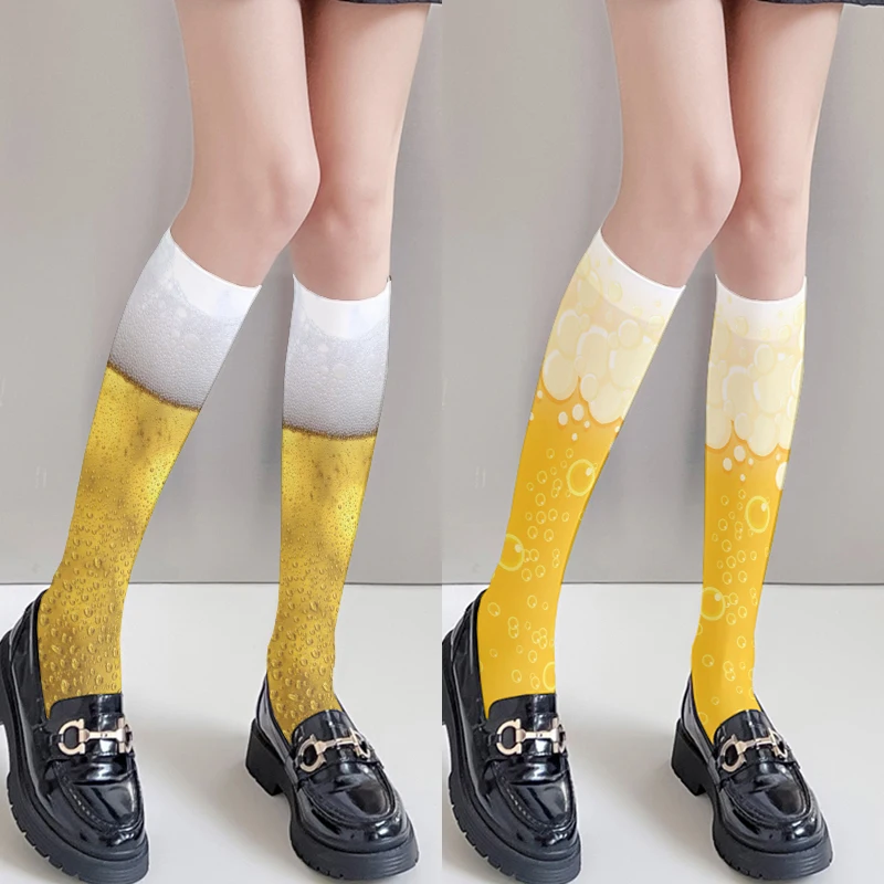 Funny Beer 3D Printing Calf Socks Thin Summer Knee Elastic Nylon Stockings High Quality Beer Bubble Cosplay Girl Knee High Socks