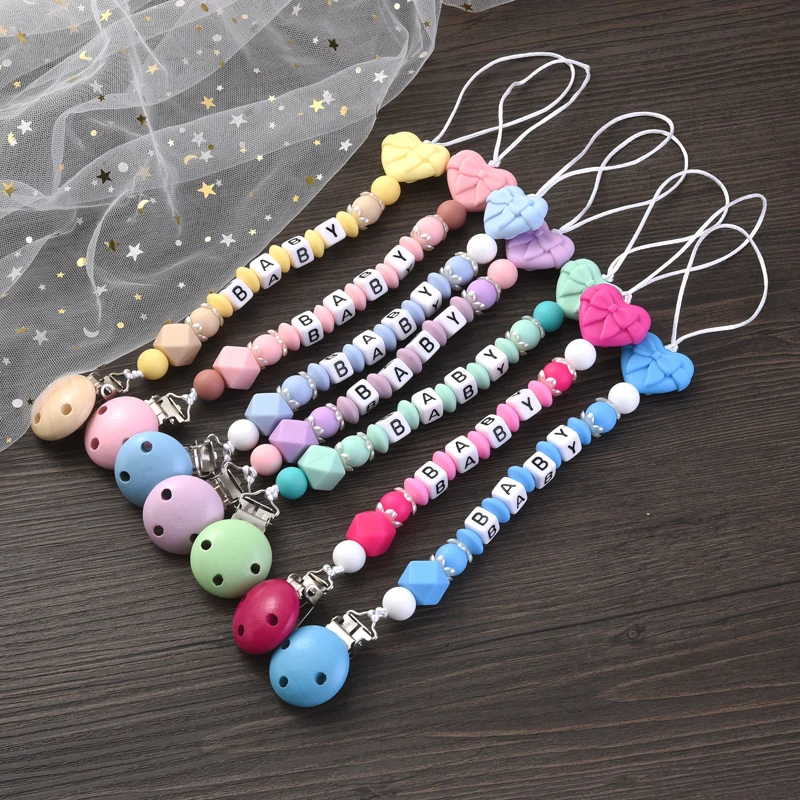 Colorful Wooden Baby Nipple Clip Personalized Name Heart Shape Silicone Beads Pacifier Chain For Care Chew Toy Baby Dummy Chain