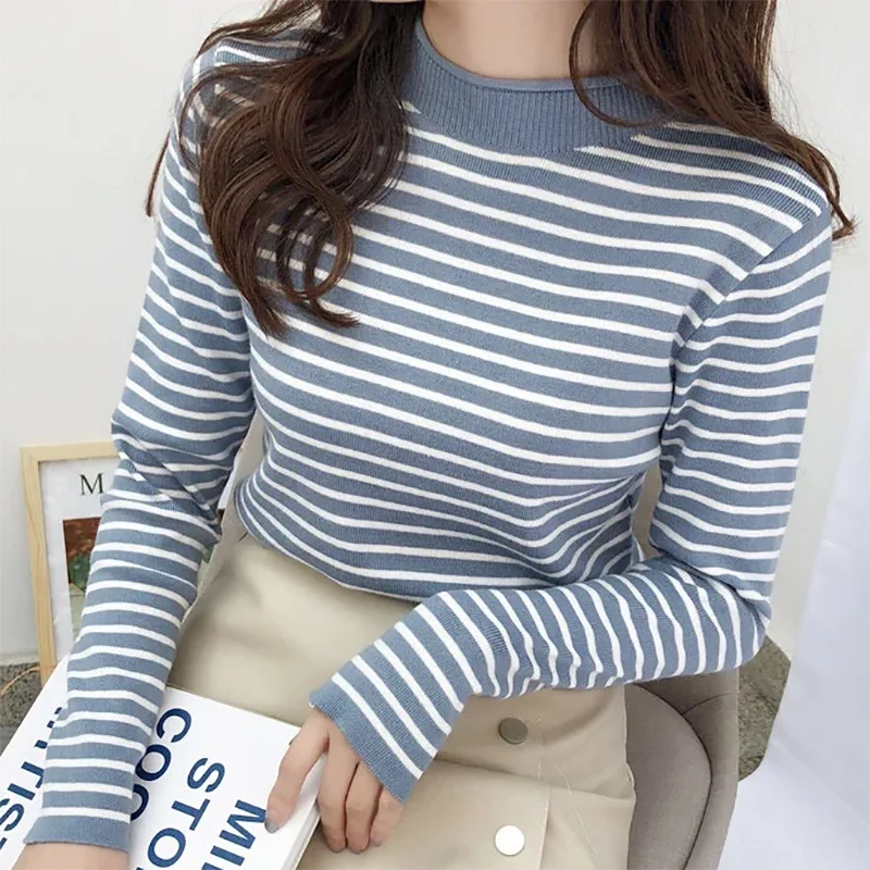 Women Round Neck Stripes Sweaters Slim Elastic Long Sleeve Casual Pullovers Knitted Warm Tops For Women 2023 Autumn Winter