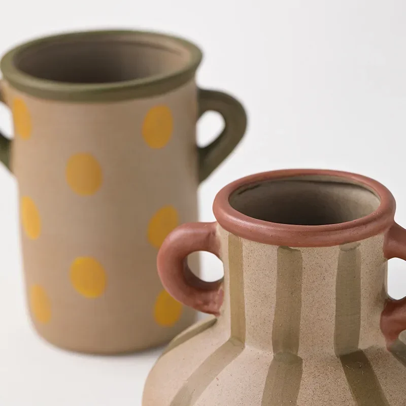 Ceramic Vintage Style Double-Ear Striped Polka Dot Ceramic Vase Small Mouth Hydroponic Creative Niche Niche