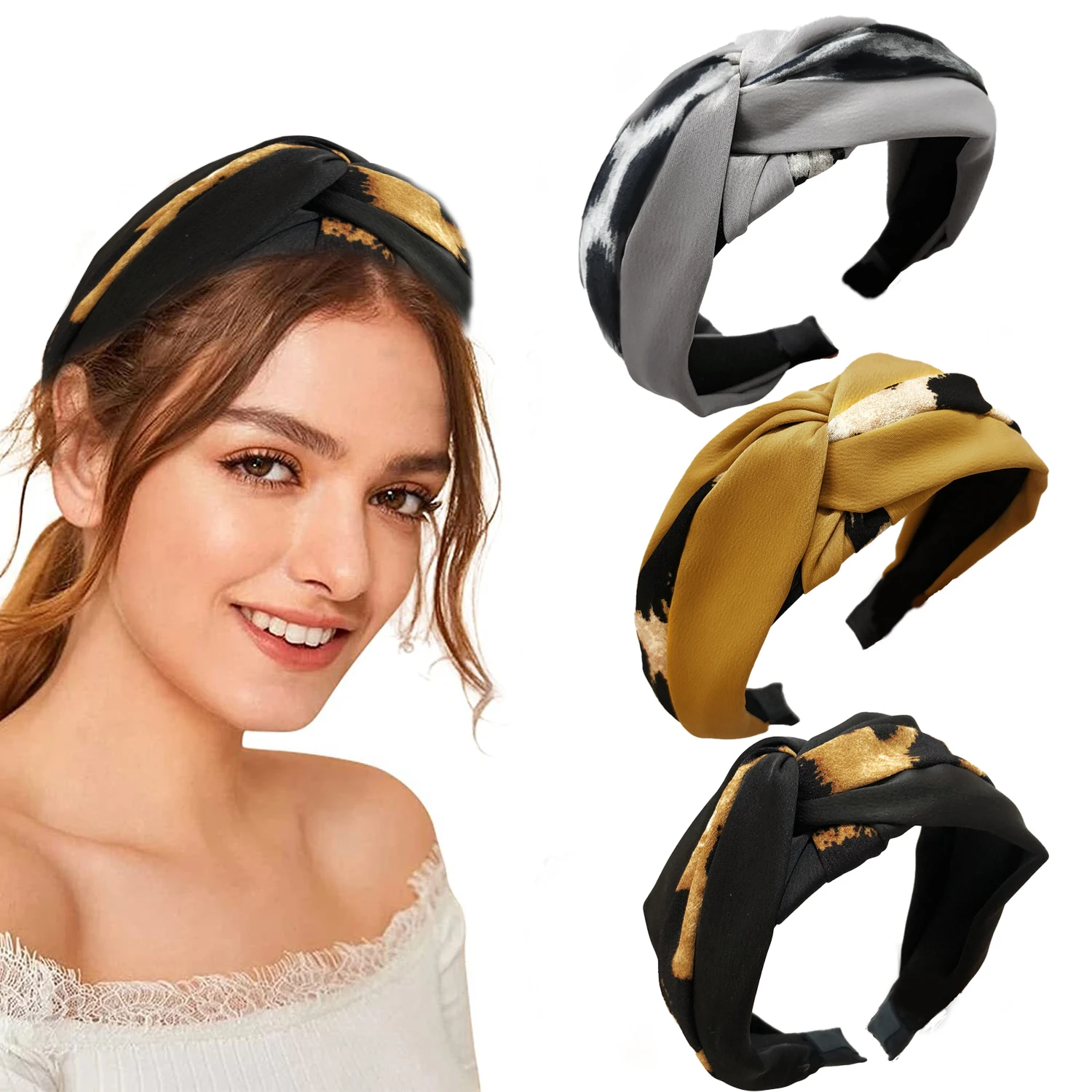 

Wide-brimmed, distinctive leopard print, color-block, knotted headband, stylish fabric wide headband, trendy new style