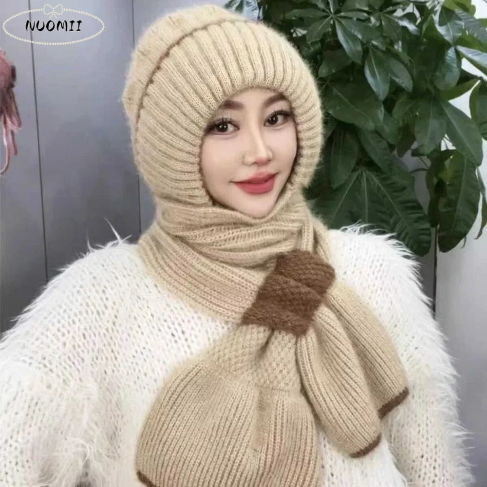 

Ear Protection Knitted Skullies Hat Scarf Set Neck Warmer Windproof Women Hooded Scarf Soft Thicken Cycling Balaclavas Hat