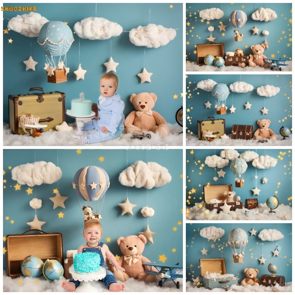 

Blue Hot Air Balloons Birthday Decoration Backdrop Newborn Boys Travel Birthday Party Decor Baby Shower Photography Background