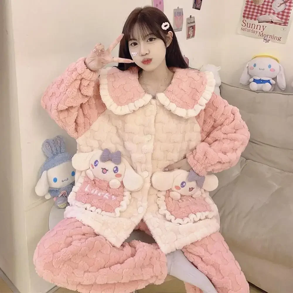 Sanrioed Anime Kawaii Cinnamoroll My Melody Kuromi Women's Pajamas Coral Velvet Thickened Long Sleeve Nightwear Winter Homewear