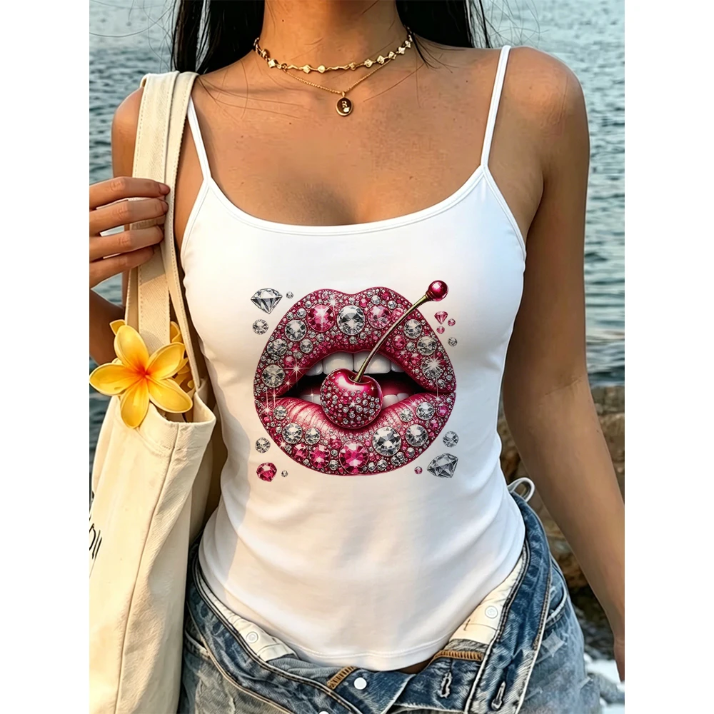Lip Cherry Diamond Camisole Women Sexy Baddie Style Clubwear Girls Night Outing Dating Apparel Summer Carnival Outfit