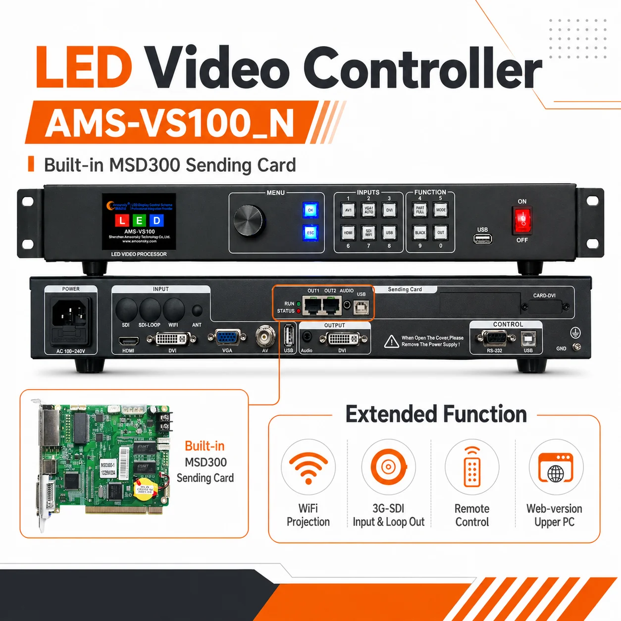 AMS-VS100 LED Video Controller 5 Channel Built in Sending Card 2 RJ45 Gigabit Ports Seamless Switching
