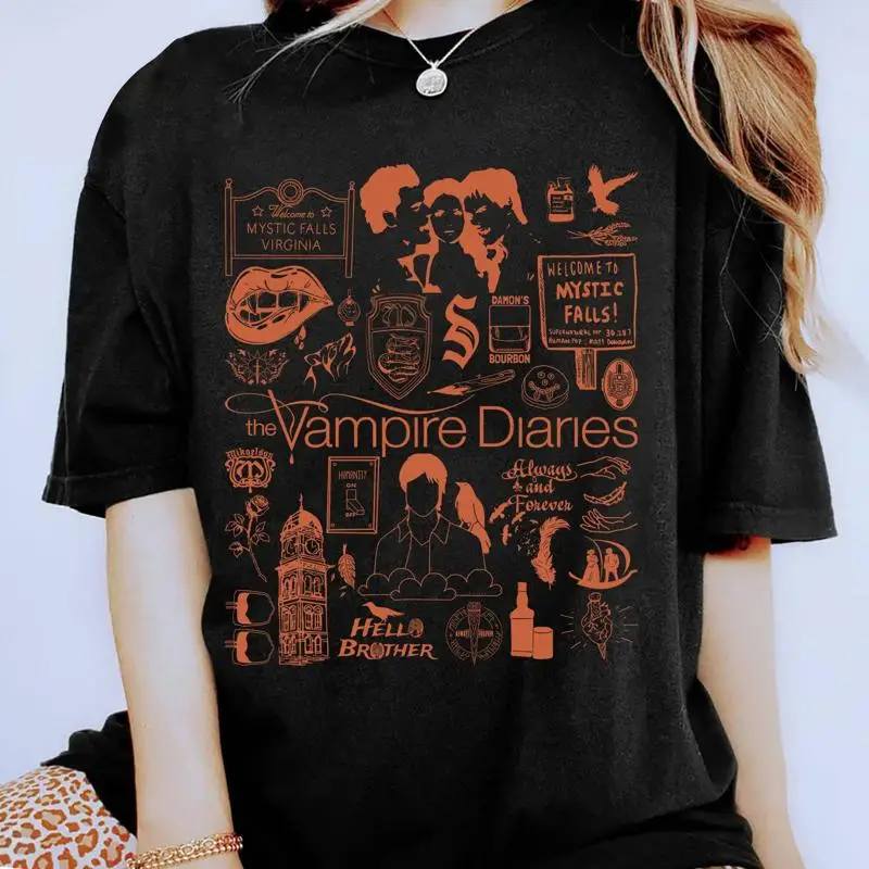 Vampire Diaries Horror Movie Doodle ArT T Shirt Vintage Damon Salvatore Elena GilberT