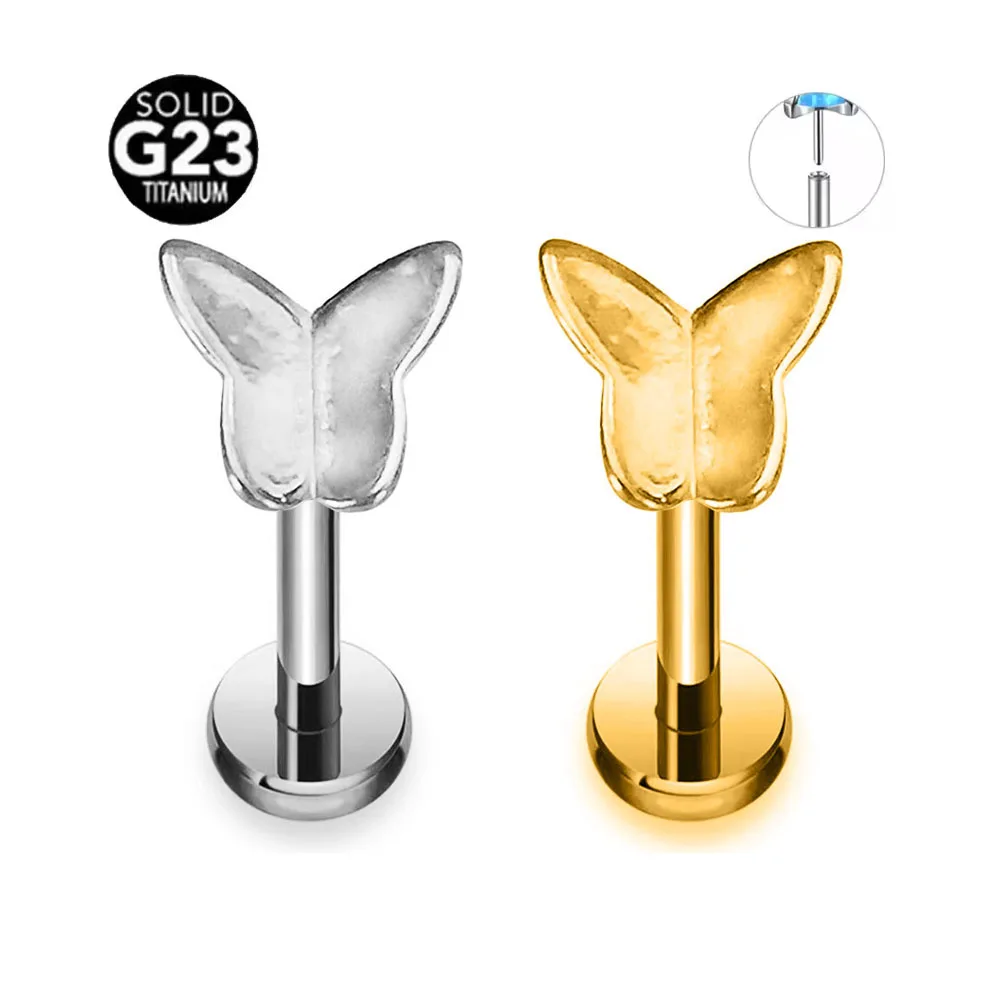 

ASTM F136 G23 Titanium Butterfly Threadless Piercing Daith Conch Tragus Flat Back Earring Pin Push in Lip Stud 16G 18G 20G