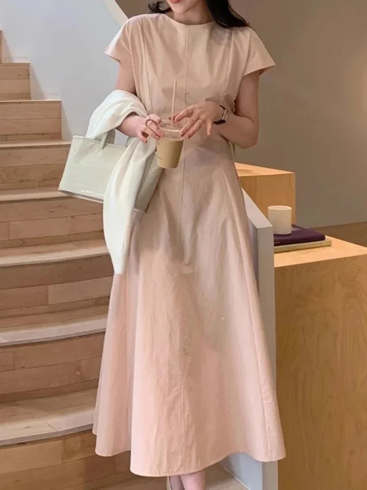 Slimming Long A Word Solid Short Sleeve Dress Women South Korea Chic Summer Age-Reducing Elegant Round Neck Strap Waist Hugging