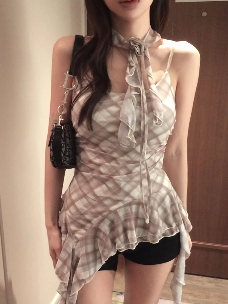Coréen Sle été pur désir épicé fille irrégulière Plaid Bellflower Sa petite écharpe Ne sangle suspendue gilet haut