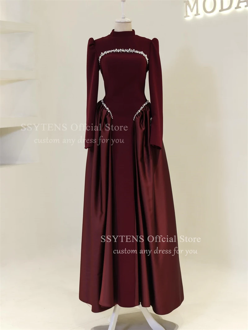SSYTENS Blaue elegante Ballkleider, Stehkragen, lange Ärmel, A-Linie, Abendkleider, Perlen, Satin, muslimische formelle Kleider, Dubai, individuell