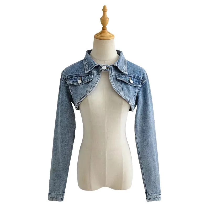 アメリカンスパイスガール風超ショートデニムジャケット レディース ハイウエスト ショールデザインセンス ニッチ レトロ バイク万能ジャケット