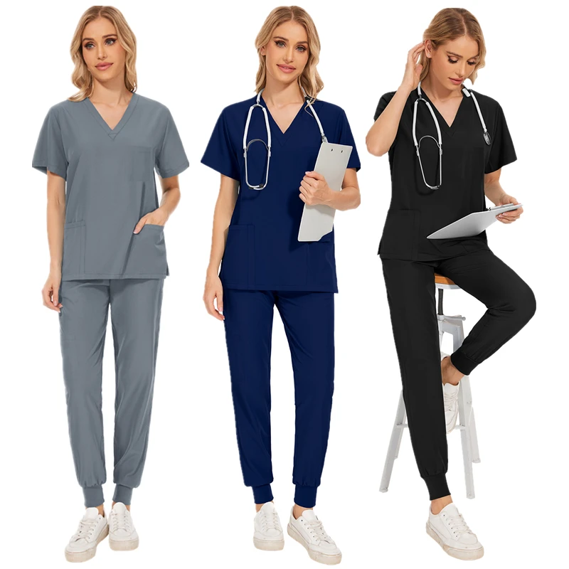 Uniformes quirúrgicos de manga corta con cuello en V para mujer, ropa de trabajo con bolsillo para enfermera, dentista, uniformes médicos, traje Exfoliante para clínica