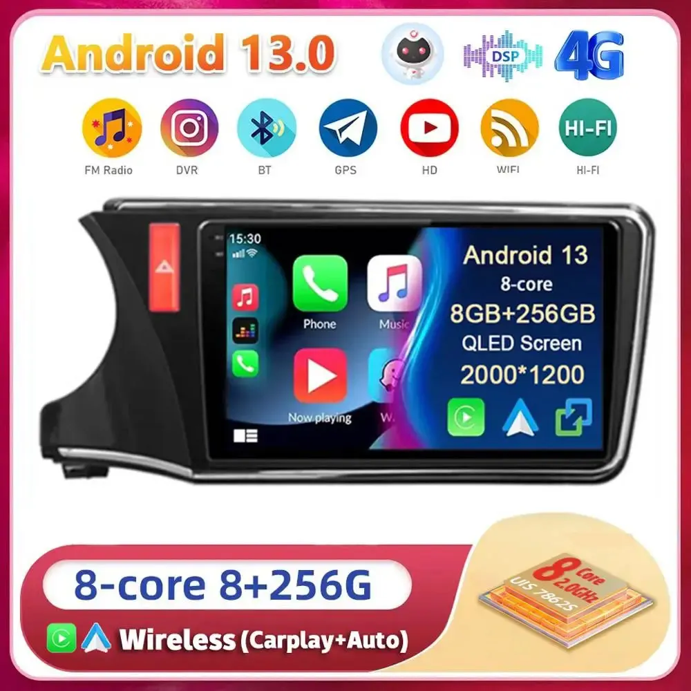 

Android 13 Carplay Auto For Honda City Grace 2014 2015 2016 2017 Multimedia Car Radio Navigation Player Video WIFI+4G DSP Stereo