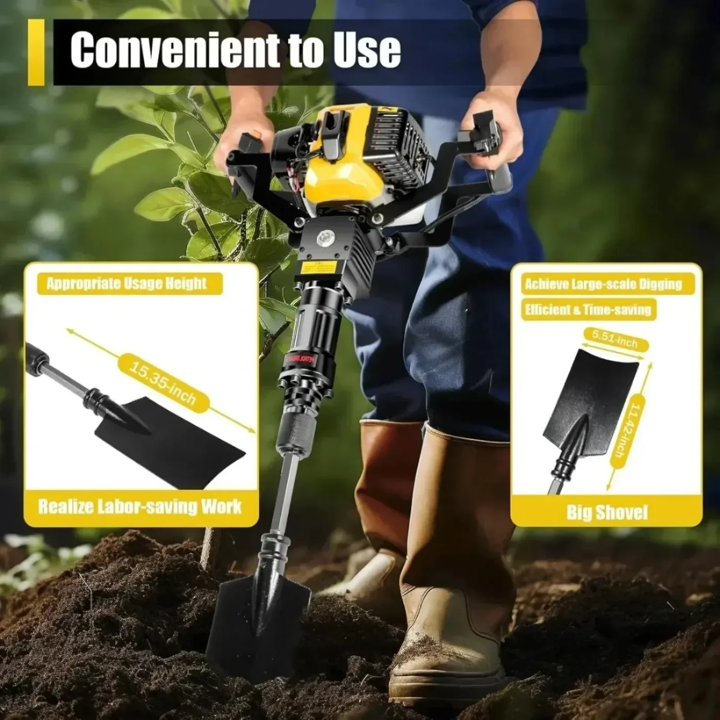 52cc 2 Stroke Portable Excavator Garden Tree Digger, Single-Cylinder Handheld Digger Tool Machine, Post Hole Digger 6500RPM