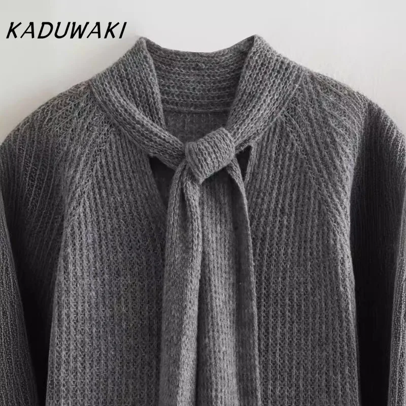 KADUWAKI Spring Cut Out Knitted Sweater Bow Collar Women Sweater Pullover Long Sleeve Casual Knitwear Jumper Top Female Clothing