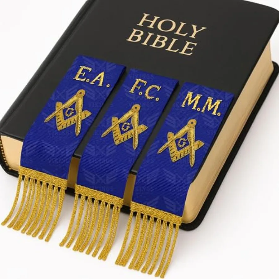

Set of 3 Masonic Book Markers Gold Embroidered 18" Ritual Ribbons Royal Blue Satin with Gold Fringe for Lodge Bibles E.A. F.C.
