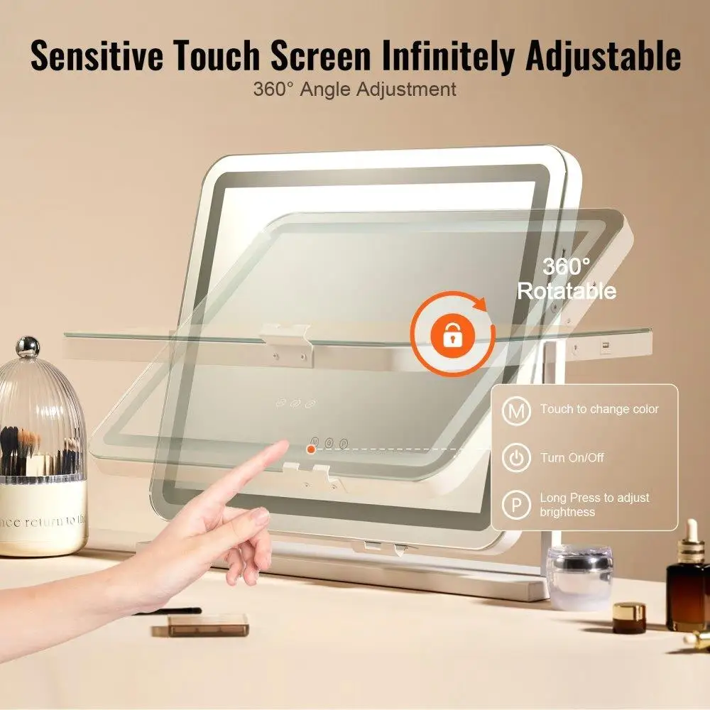 Espejo de maquillaje iluminado Ampliación de puerto USB de tocador de 3 colores 21,7x17,7 pulgadas