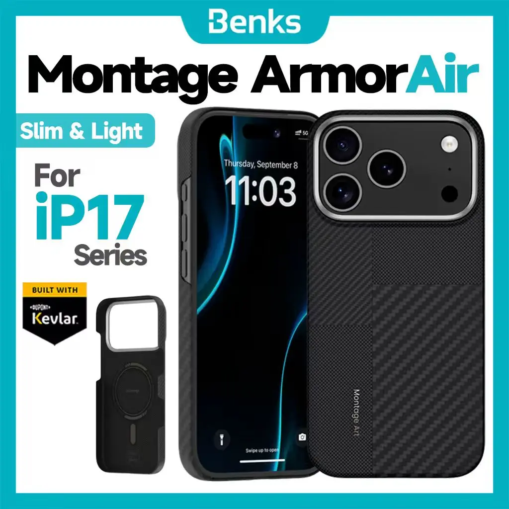 

Чехол Benks Montage ArmorPro для iPhone 17 Pro Max с кнопкой управления камерой, встроенный с Dupont Kevlar 600D и 1500D из арамидного волокна