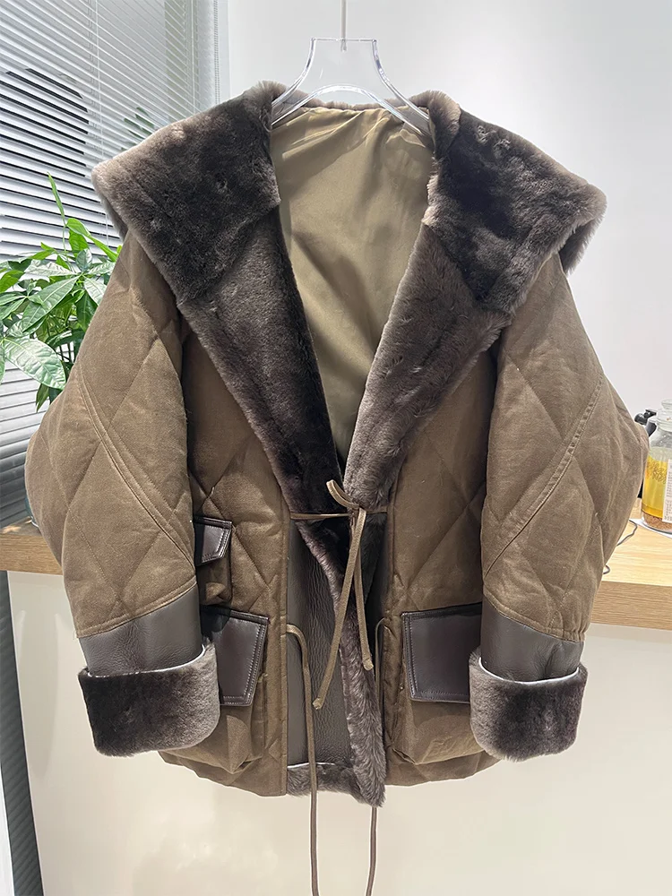 

Fashion Women Winter Warm Natural Merino Sheep Fur Collar Goose Down Jackets Thick Coat Outwear Female Luxury Puffer Jackets