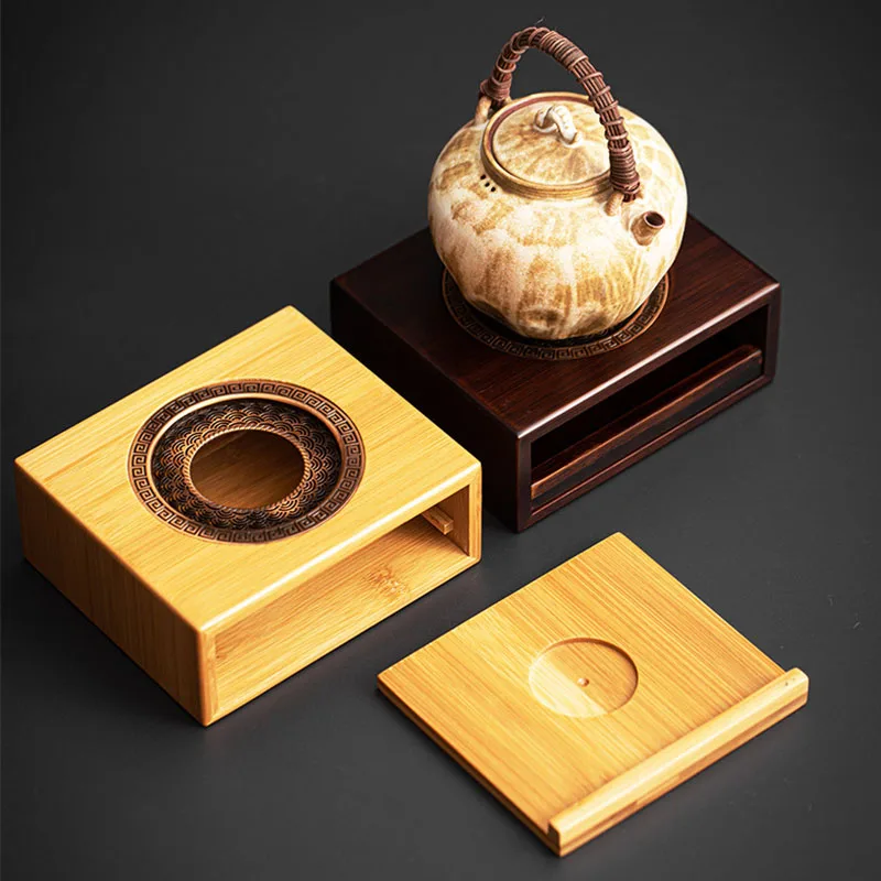 ySquare Bamboo Tea Tray with Hidden Water Reservoir, Carved Decorative Teapot Stand, Home Gongfu Tea Dry Brew Base