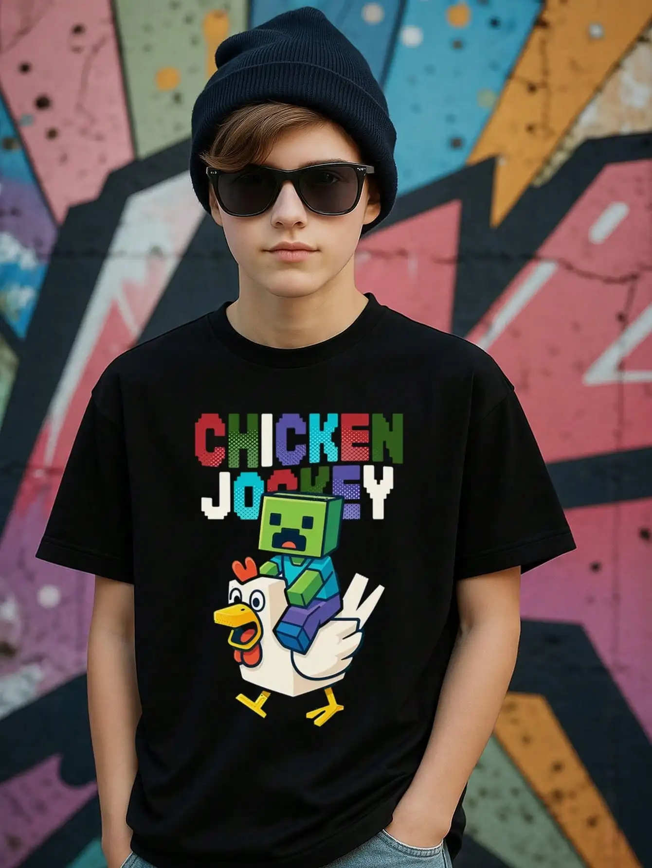 

Хлопковые футболки с рисунком Tween Boys Chicken Jockey, черные летние топы с короткими рукавами и игровым текстом