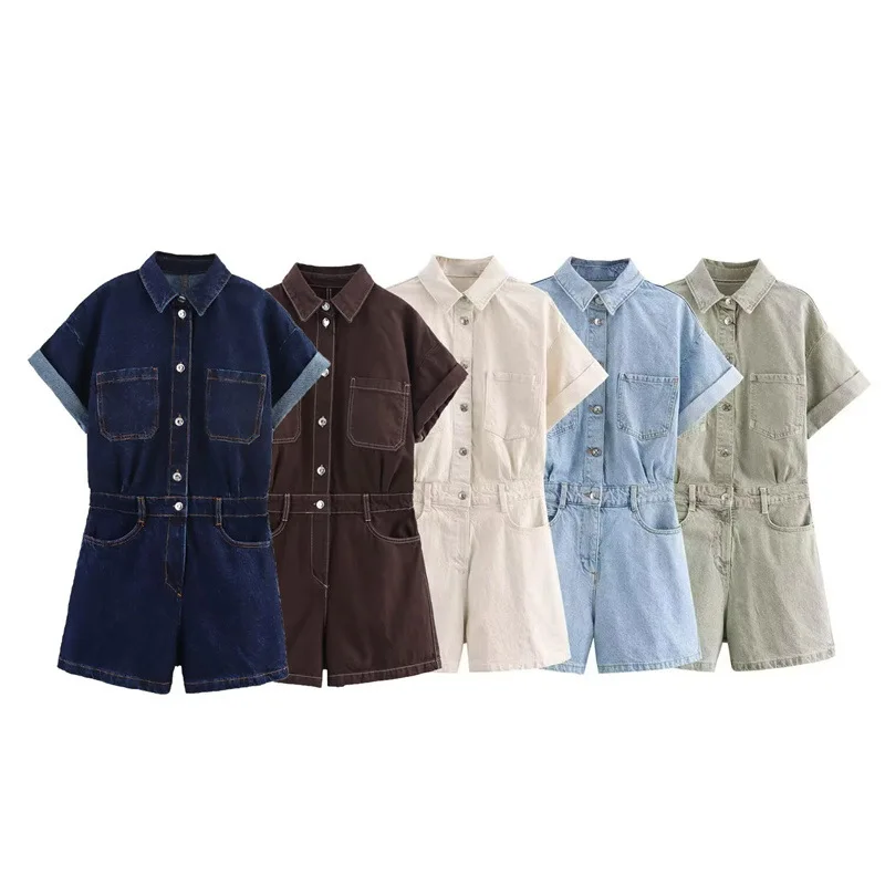 Women's Short-sleeve Pocket Cropped Denim Jumpsuit Decoration Casual Fashion Summer Women's Romper Shorts AE Stock