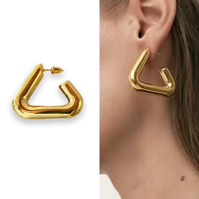 Chunky Stud Earrings Non Tarnish Geometric Jewelry Gold Plated Stainless Steel Hollow Triangle J Shapes Hoop Earrings Women view 4
