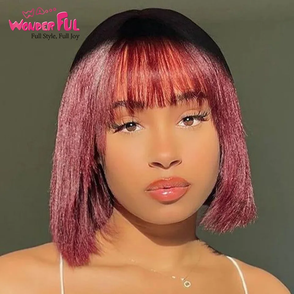 99J Red Wonderful Brazilian Remy Hair  Short Straight Bob Human Hair Wig For Women 1B# Full Machine Made Bangs Bob Hair