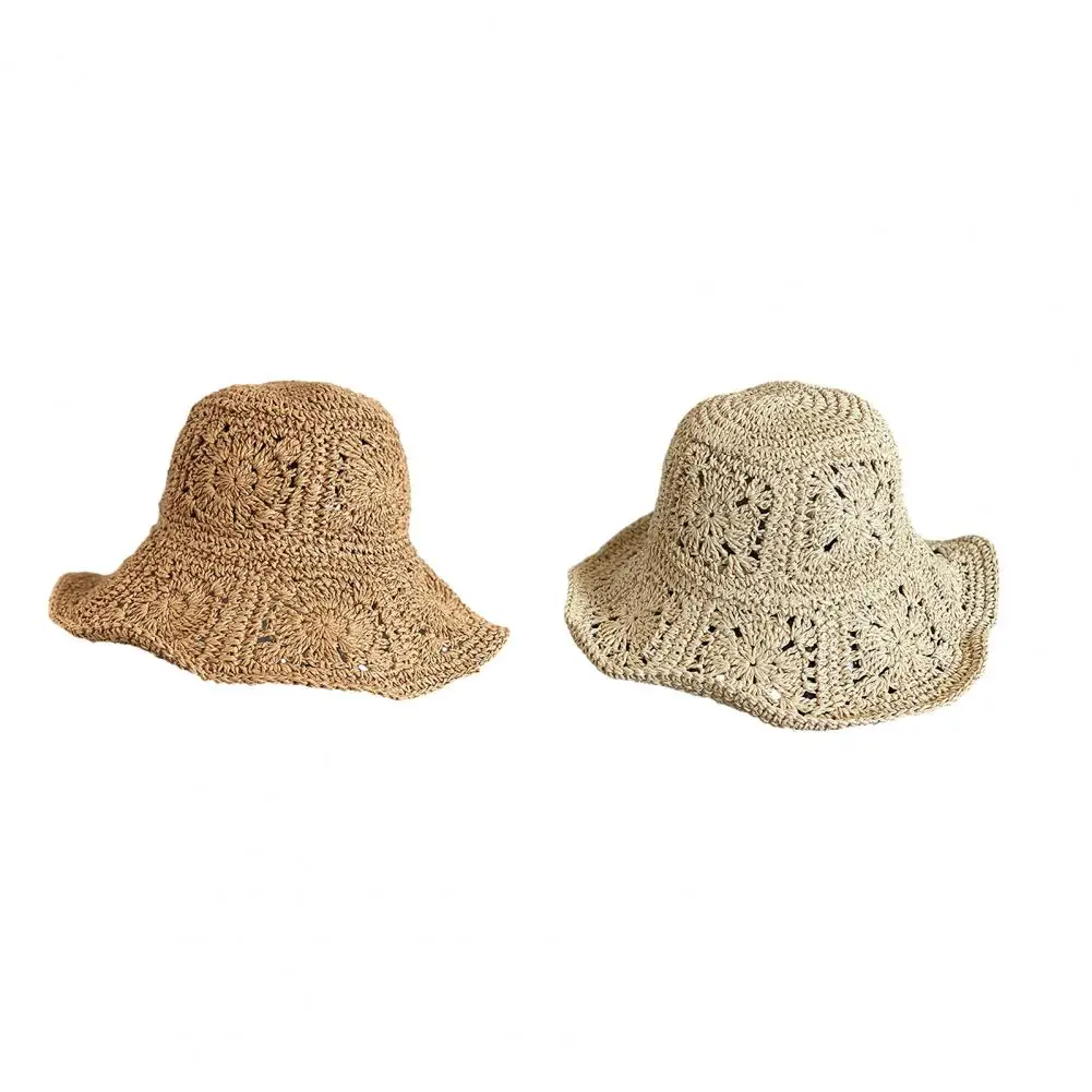 Women Summer Wide Brim Sun Hat Crochet Straw Hat Sun Straw Hat Breathable Travel Hat Beach Bucket Sun Hat