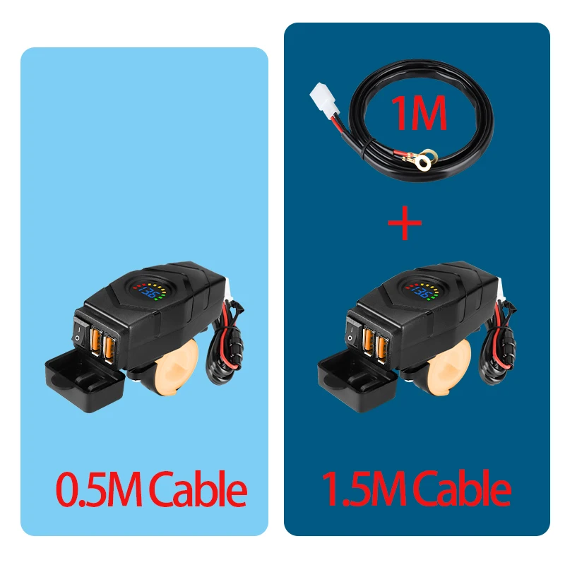 Adaptador USB QC de 36W, cargador impermeable para motocicleta, cc 12V-24V con pantalla LED e interruptor de encendido/apagado, Cable de 1,5 M para