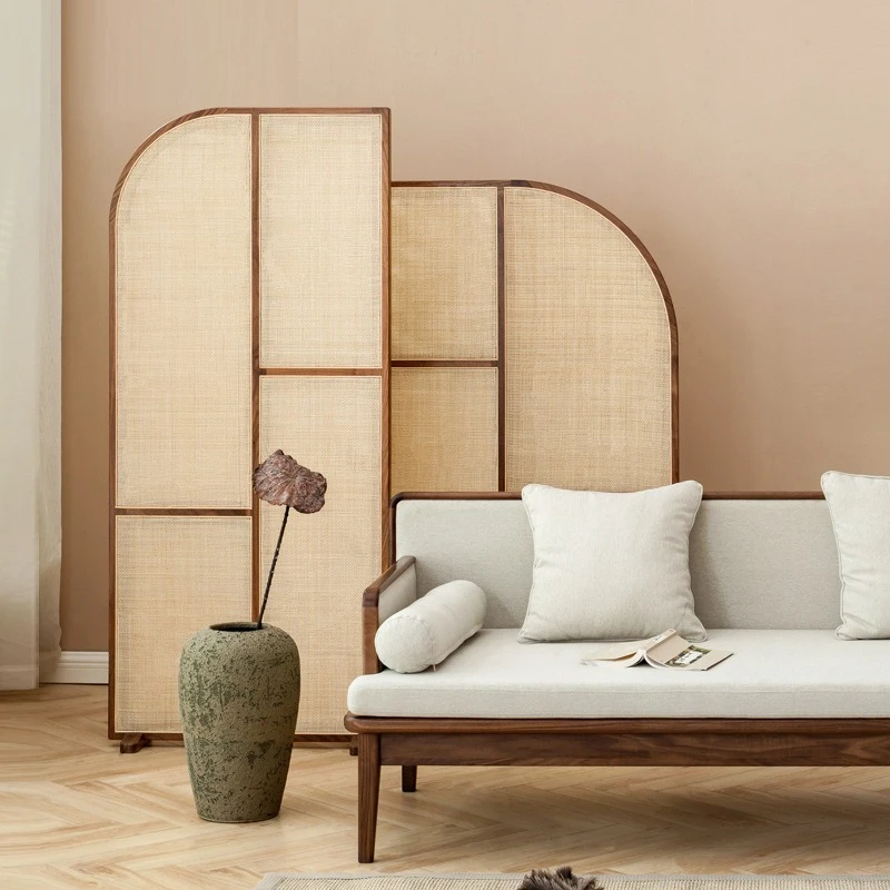 Rattan screen Japanese solid wood combination living room Zen creative wooden frame entrance porch partition seat screen