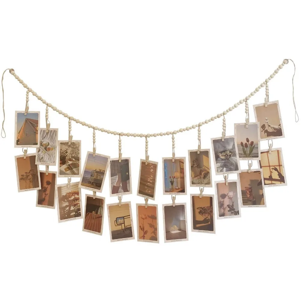 Photo Display Stand Boho Style Wooden Bead Decorative Hanging Hemp Rope with Picture Clip Wall Decor for Bedroom Home Decoration