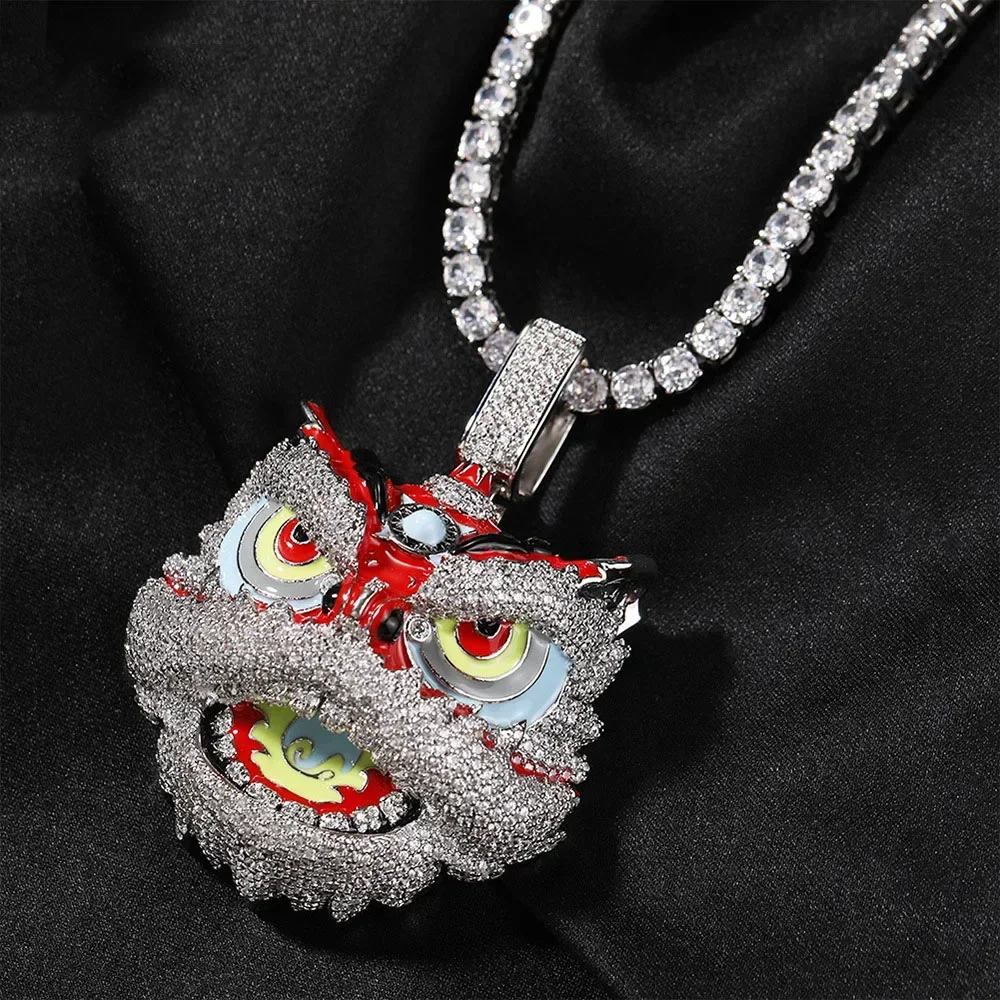 

Fashionable Vintage Colorful Zircon Lion Head Men's Necklace Personality Charm Hip-Hop Punk Chinese Style Lover Jewelry Gift