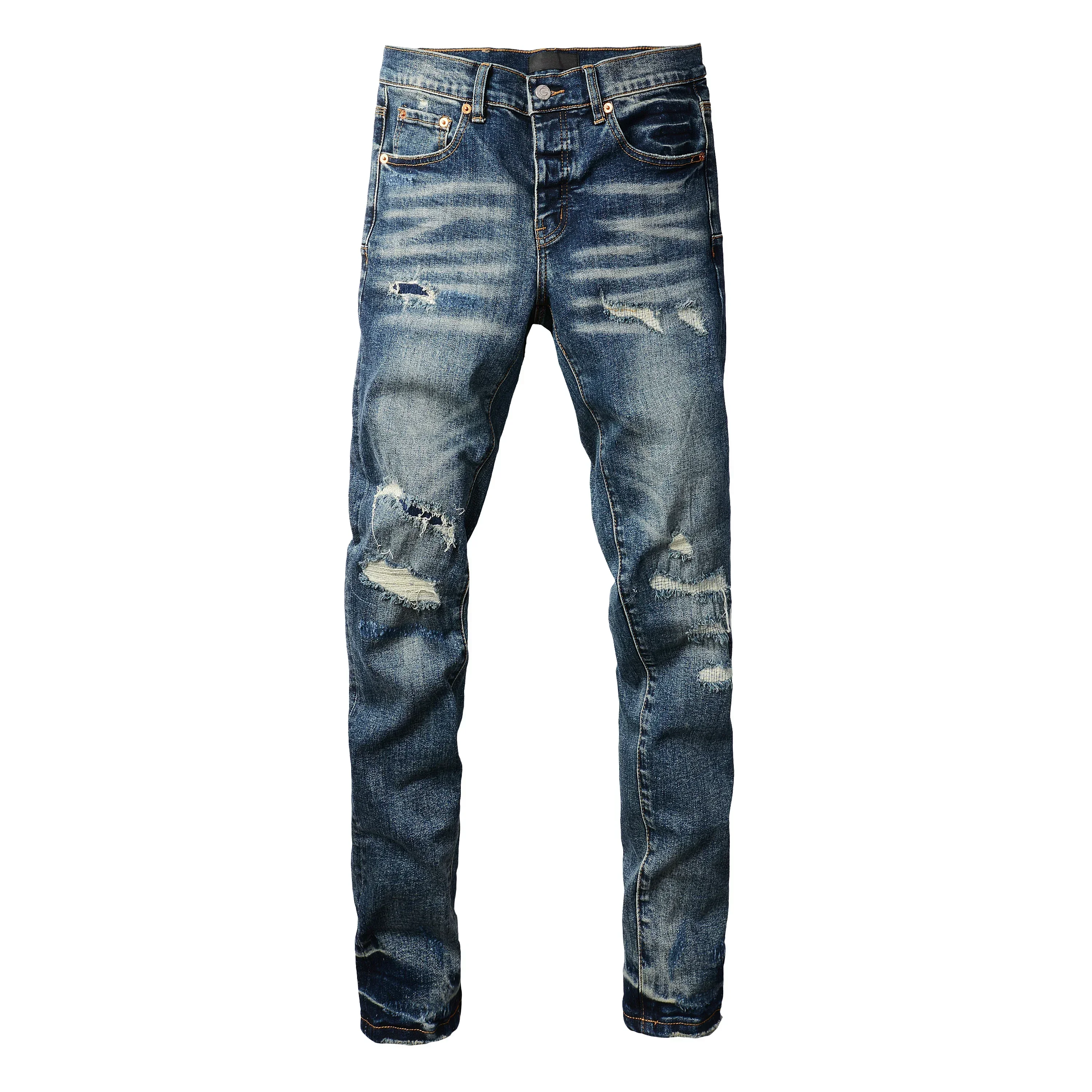 

Men's Jeans Classical Blue Distressed American Streetwear Skinny Button Fly Ripped Holes Jeans